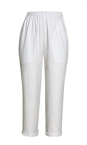 Langwyqu Womens Casual Cotton Tapered Capri Cargo Pants Loose Elastic Waist Ankle Cropped Trouser With Pockets White #TOP5