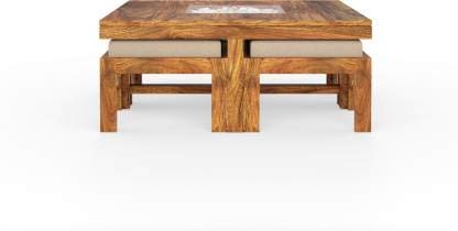 Image of Solid Sheesham Wood Coffee Table with 4 Nesting Stools, Square Center Table for Living Room, Space-Saving Design, (Maple Finish)