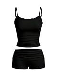 Hilinker Womens Sexy Pajama Set 2 Piece Lace Trim Cami Crop Tops and Ruched Shorts Summer Cute Pjs Solid Black Large