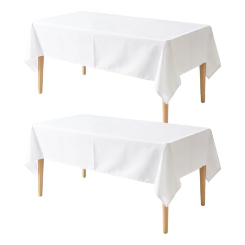 Image of 2 Pack Table Cloth 60 x 102 Inch, Rectangle Tablecloth, Stain and Wrinkle Resistant Washable Polyester Table Cover for Buffet Party, Dinner, Weddings and Camping, White