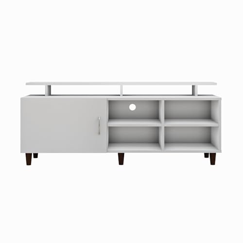 Image of VIKI Modern TV Unit for Living Room | Engineered Wood TV Cabinet with 1 Door Storage, 2 Open Shelves & Extension, Entertainment Unit, 140W x 48H x 40D cm | DIY | 1 Year Warranty (White)