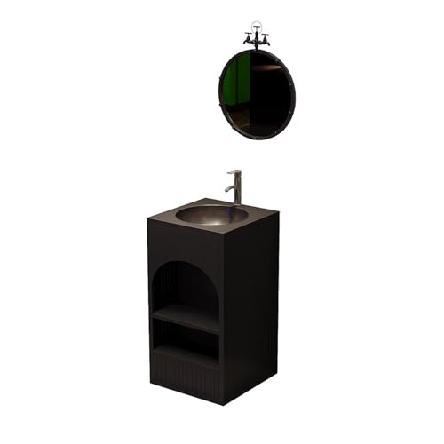 Mueble de baño con lavabo, repisa inferior y espejo para WC en color negro 2