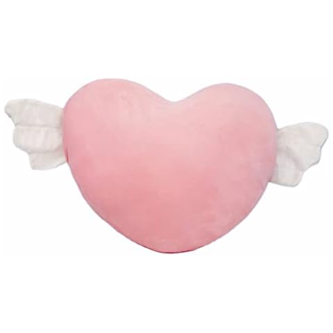 Plush Pillow Heart Shaped Pillow with Angel Wings,Soft Pink Heart Pillow Cushion Toy Throw Pillows Valentine's Day Gift Room Decor Romantic Present Heart Pillow Cover