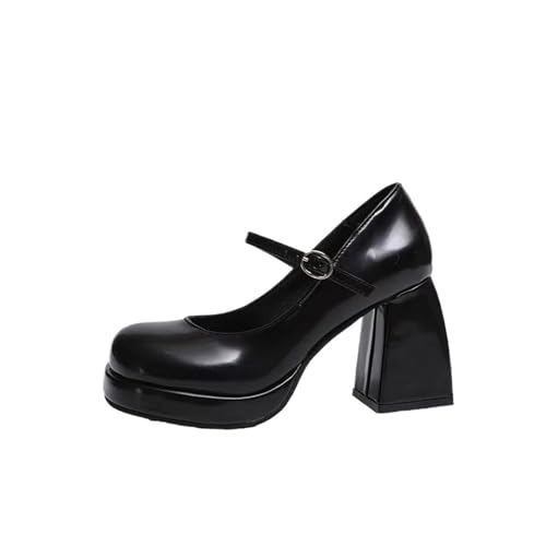 Womens Sandals Women's black leather shoes waterproof platform buckle high heels thick heels single shoes