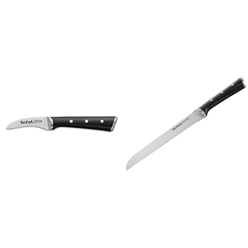 Tefal Ice Force K23204 Brotmesser | 20cm | Handschutz | Langlebig | Edelstahl | Schwarz & Ice Force K23212 rundes Schälmesser | 7cm Klinge | Korrosionsschutz | Handschutz | Edelstahl | Schwarz