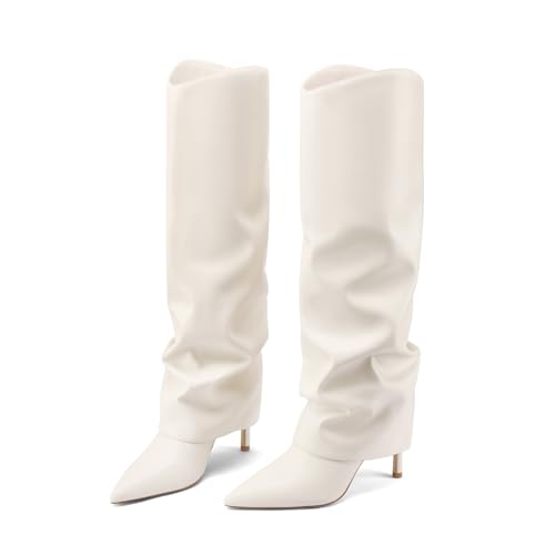 Image of Vaslemuse Womens Fold Over Knee High Boots Pointed Toe Sexy Slouch Boots | Slouchy long boots, Stiletto high heels, Closed toe, Sping fall boots, High heel boots, Side zipper
