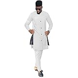 African Men Elegant Suit 2 Pieces Set Dashiki Coat Jacket Ankara Pants Clothing White XL