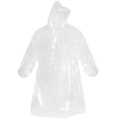 Disposable Rain Poncho, Clear Knee Length, Drawstring Hood, Elastic Sleeves, One Size Fits All 10PK