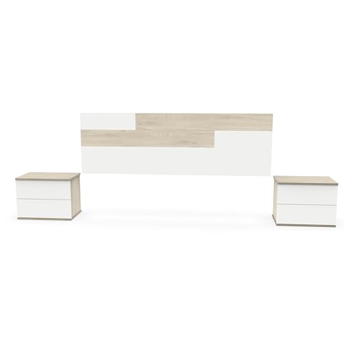 MUEBLES PITARCH | Conjunto Pack Cabecero y 2 Mesitas de Noche, Incluye Herrajes para Colgar, Guías metálicas, Blanco y Roble Aurora, Dormitorio Doble de Matrimonio, para Cama 150, Modelo Erika