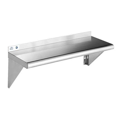 Image of ROCKPOINT Stainless Steel Shelf 10 x 48 Inches 280lb, NSF Metal Commercial Shelves Wall Mount Floating Shelving with Backsplash for Restaurant, Kitchen, Home and Hotel, Silver