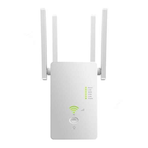 Amplificador WiFi, repetidor WiFi de 1200 Mbit/s doble banda (2,4 GHz + 5 GHz), extensor alcance WiFi enchufe 4 antenas y un alcance hasta 1500m² puerto LAN/WAN, modo punto acceso, fácil configuración
