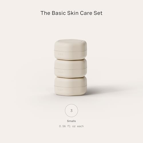 Cadence Travel Containers Basic Skincare Set - Magnetic Containers with Lids,Carry On Travel Essentials For Women/Men - 3 Small Capsules (0.56oz) - Cleanser, Moisturizer & Sun-Icon Labels - Sand2