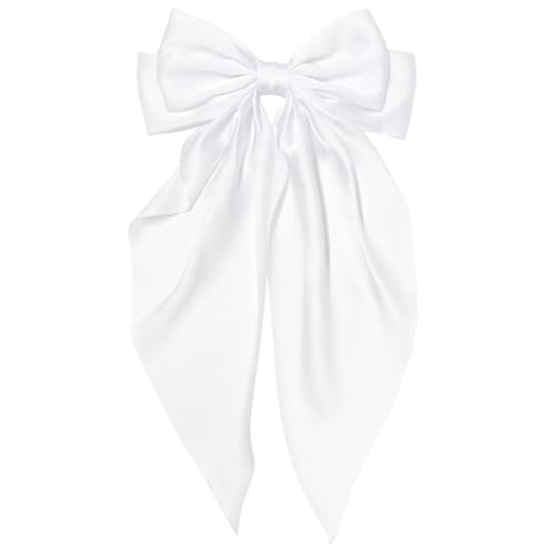 White Hair Bow for Women Girls Big Satin Bow Clip with Long Tail White Hair Accessories