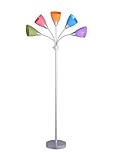 POMILER Modern 5-Light Floor Lamp, Multi-Color Plastic Shades, Silver Metal Finish, 67 Inch Height, Flexible Gooseneck Arms, 4-Way Switch, Living Room Bedroom Office
