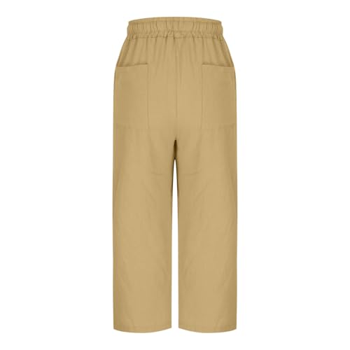 Capri Pants for Women Linen Pants Summer Casual Drawstring Elastic Waist Wide Leg Cropped Trouser with Back Pockets4