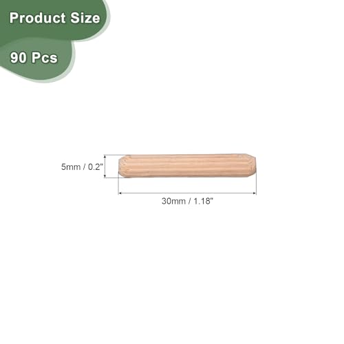 QUARKZMAN 90 Stk. Holzdübel 5x30mm(0,2x1,18) Gerillte abgeschrägte Enden Holz Dübelstifte Getrocknetes Hartholz für Holzbearbeitung Möbel Regal