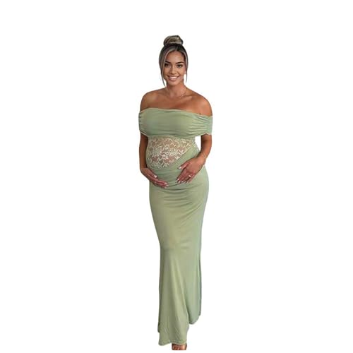 Cichic Off Shoulder Soft Stretchy Lace Maternity Maxi Dress for Photoshoot Baby Shower Sheer Splicing Ruched Pregnancy Gowns Green