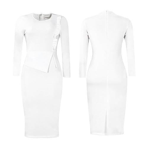 2025 Women's Vintage Ruffle Work Office Bodycon Midi Pencil Dress Elegant Peplum Round Neck Long Sleeve Autumn Dress3