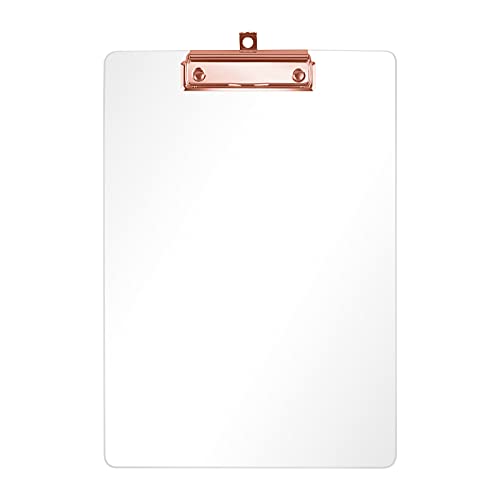 Moocci Thick Acrylic Clear Clipboards Cute Transparent Letter Size Clipboard with Rose Gold Strong Clip Hidden Hanging Hole for A4 Paper, Art Student, Drawing, Office, School, Warehouse, Event, 1PC