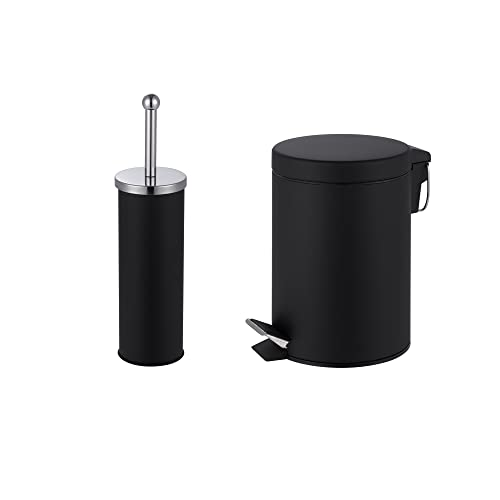 iTrend 3L Pedal Dustbin and Toilet Brush with Holder set - Bathroom Accessory - Powder Coated Steel Bin with lid - Toilet Brush with Stainless Steel Handle, Round Lid and Dense Bristles - Black
