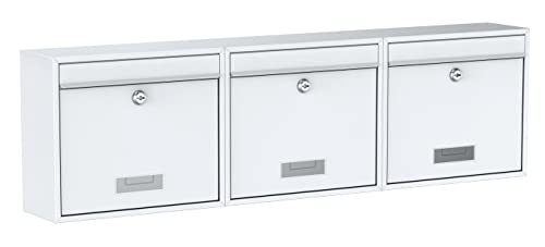 BASI Briefkasten 3er Set | Wandbriefkasten aus Stahl | Farbe Weiß | mit Namensschild | Zylinderschloss mit 2 Schlüssel | inkl. Befestigungsmaterial | Briefkastenanlage | 3 Stück BASI Briefkasten 3er Set | Wandbriefkasten aus Stahl | Farbe Weiß | mit Namensschild | Zylinderschloss mit 2 Schlüssel | inkl. Befestigungsmaterial | Briefkastenanlage | 3 Stück