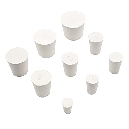 INKNOTE 32 PCS (9 Assorted Sizes) Solid Rubber Stoppers, White Lab Plugs, Tapered Shaped Silicon Lab Stoppers, Lab Test Tube Bungs: 000# Size 10 Pcs, 00# Size 8 Pcs, 0#-6# Size 2 Pcs for Each Size