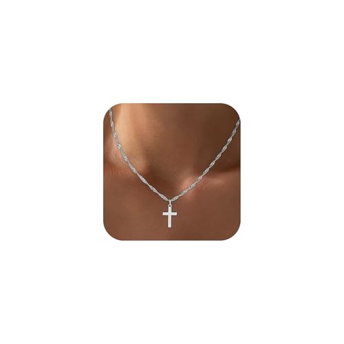 Fezodo Cross Necklace for Women Trendy - 18K White Gold Plated Dainty Small Cross Pendant Choker Simple Trendy Cute Cross Charm Chain Necklace Baptism Religious Faith Jewelry Gift
