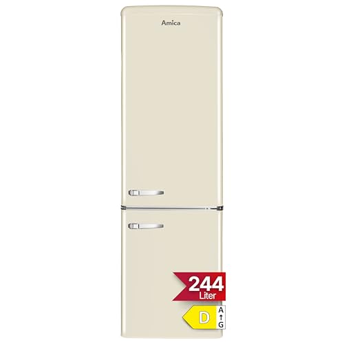 Amica Retro Kühlschrank freistehend mit Gefrierfach 244 l LED Beleuchtung Glasablagen Chrom Flaschengitter 181 x 55 x 62 cm Beige - Kühl Gefrierkombination