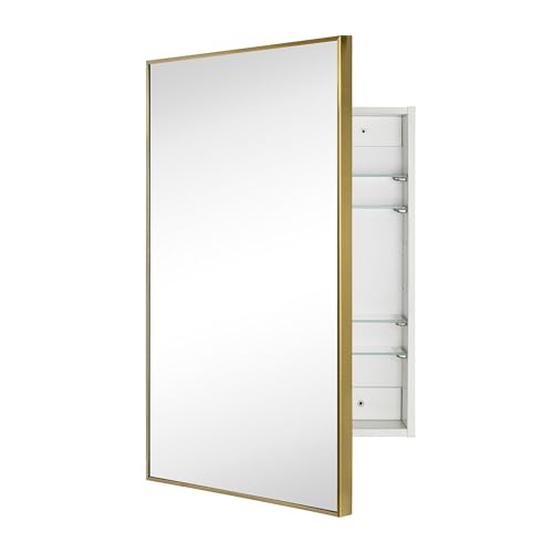 Image of TEHOME 24'' x 30'' Brushed Gold Recessed and Surface Mount Bathroom Medicine Cabinet with Mirror Brushed Gold Square Cornered Metal Framed Rounded Rectangle Medicine Cabinet Mirror