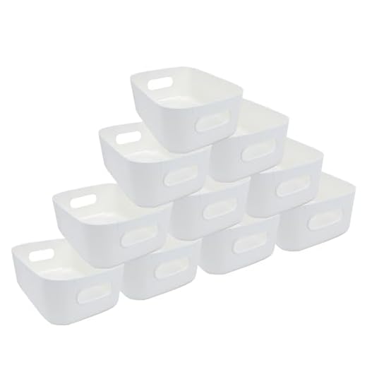 HULAGU 10 Piezas Cajas Almacenaje Plastico Cestas Almacenaje Plastico Blanco Cajas Organizadoras con Asas Cestas Almacenaje Cocina Decorativas de Armarios Comida Blanco para Oficina Baño Juguetes