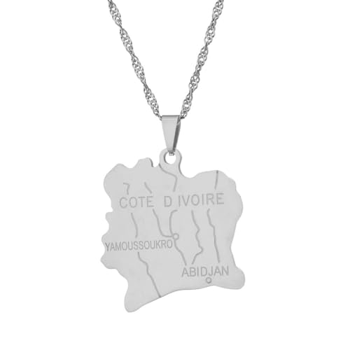 UBBVPKY Collier Avec Pendentif Carte Brillante De La Côte D'Ivoire Bijou Ethnique Souvenir De Voyage Unisexe Chaîne De Pull Pendentif Géométrique Rétro Pour Femme