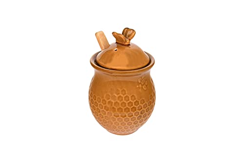 Creative Co-op Small 3 Piece Yellow with Decorative Bees Stoneware Honey Jar with Lid & Wood Honey Dipper