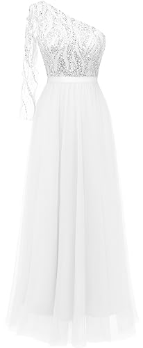 Lvnes Women's 2023 One Shoulder Long Sleeves Formal Wedding Dress Sparkly Sequin Beaded Bridal Dresses White L #TOP13