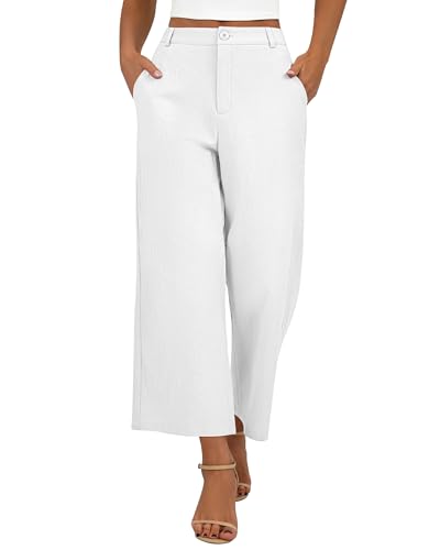 Neer Women's Cotton Linen Palazzo Pants, Casual Wide Leg Lounge Pants Summer High Waisted Flowy Trousers with Pockets(White,L)
