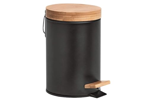 Zeller 18910 - Cubo para cosméticos (3 L, Metal y bambú, Cierre Suave, 16,8 x 24 cm), Color Negro