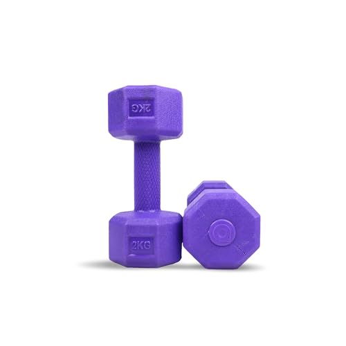 Image of AIVIN Coregrip 1.0 PVC Dumbbells I Set of 2 (2kg Each) I Hexagonal No-Roll Design with Easy-Grip Coating I Professional Home Gym Equipment for Strength Training, Pilates & Aerobics (Purple)