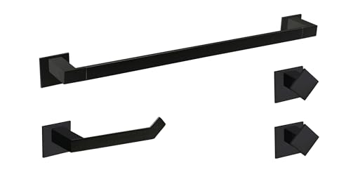 CM BAÑOS - Juego Accesorios Baño, Pack 4 PCS para Baño Inoxidable, 1 Toallero de Barra, 2 Perchas y 1 Portarollos, Set Adhesivo o Tornillería, Ambos Incluídos, Negro Mate