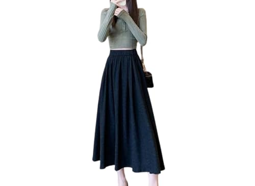 Women Autumn Vintage Knitted Long Skirt Women Elastic High Waist Pocket Midi A-Line Loose Skirt