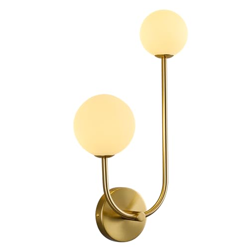 Image of Milk Glass Wall Sconce Gold Wall Sconces Mid Century Modern Sconces Wall Lighting 2 Light Globe Sconce for Bedroom Living Room Hallway Wall Light Fixtures