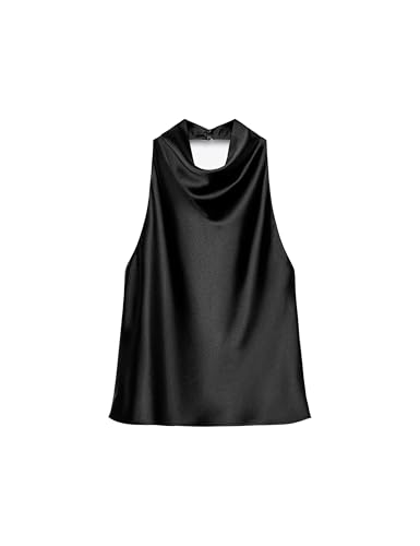 Yegthou Womens Satin Tank Top Backless Halter Neck Camisole Elegant Draped Front Loose Fit Sexy Summer Tops(Black-M)