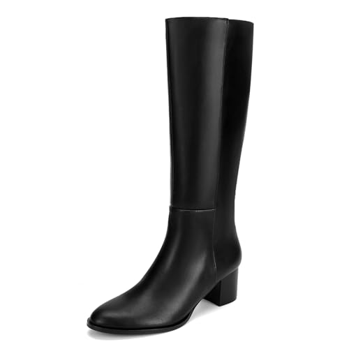 Knee High Boots Round Toe Chunky Block Boots with Side Zip Elastic Faux Leather Boots for Women
