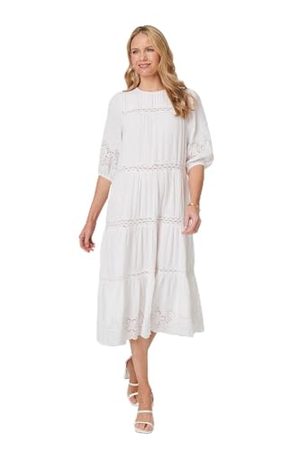 Image of Izabel London Broderie Anglaise Trim Tiered Midi Dress for Women UK with 3/4 Sleeves and a Round Neck. White