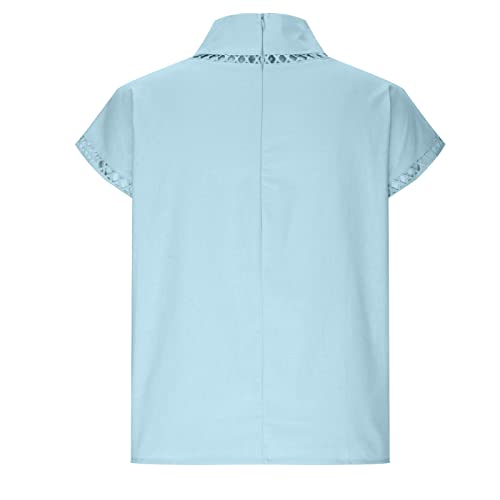 Womens Tshirts Cotton Linen High Neck Cap Sleeve Shirt Summer Fashion Casual Cotton Linen Blouses Trendy Tops