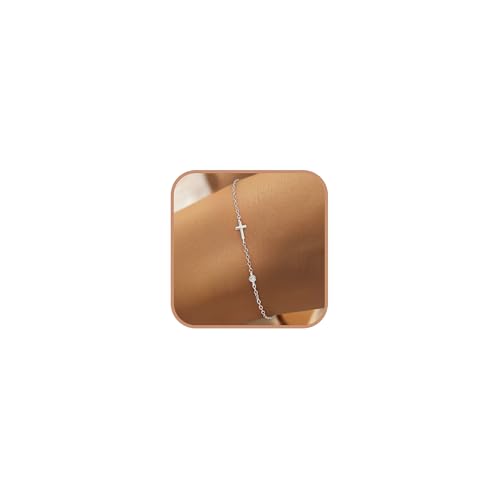 925 Sterling Silver Cross Bracelet for Women Dainty 14K Gold Plated Non Tarnish Trendy CZ Horizontal Cross Bracelets Birthstone Sideway Crucifix Link Faith Charm Chain Mothers Day Jewelry Gift(Silver)