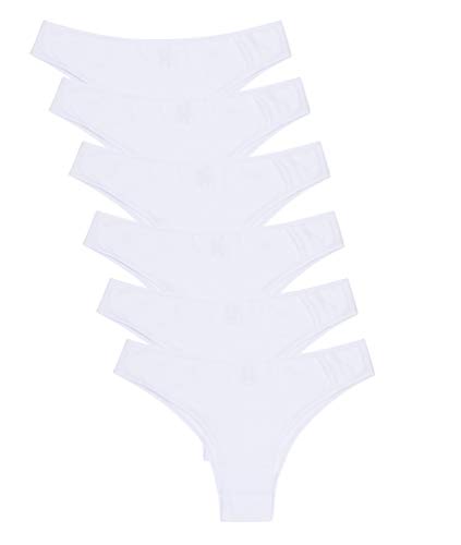 Channo Bragas Brasileñas de Algodón Lisas con Acabado Fino Que No Marca - Pack de 6, Blanco, L/XL