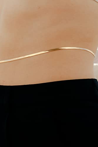 Gold Waist Chain, Waterproof, Non-Tarnishing 18K Filled Belly Chain For Women, Sexy Gold Waist Chains For Beach, Gold Body Chain Bikini Jewelry, Gold Filled Stainless Steel Body Jewelry For Women, Herringbone Flat Snake Chain #TOP4