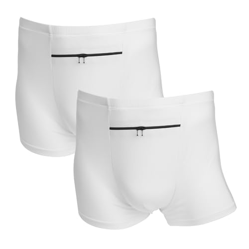 LUEXBOX Pocket Underwear for Men with Secret Hidden Pocket, Travel Boxer Briefs, 2 Packs (White)