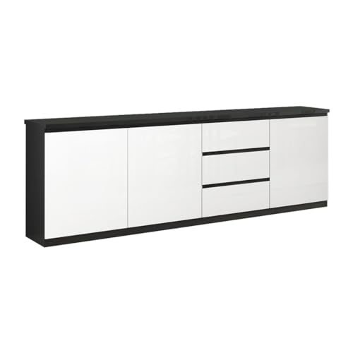 AltoBuy DEYTON - Buffet 3 Portes 3 Tiroirs Laqué Noir et Blanc Brillant