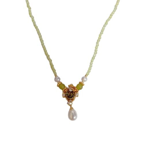 Collier perles de culture et zircon vert rétro en cuivre plaqué or