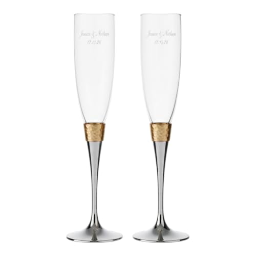 Personalization Universe Gold Hammered Engraved Champagne Flute Set - Custom Wedding Decor, Vintage-Inspired Glass for Bride and Groom - 5 oz, Gift Box Included